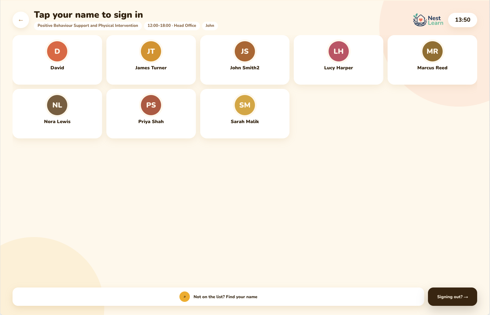 The Nest Learn register showing a grid of staff names to tap to sign in, with the course, time, venue and trainer along the top