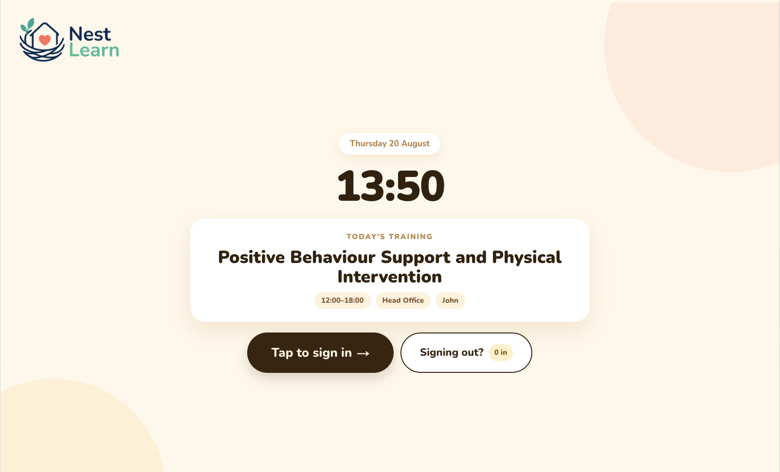 The register idle screen showing the date, the time, and today's training session with a Tap to sign in button